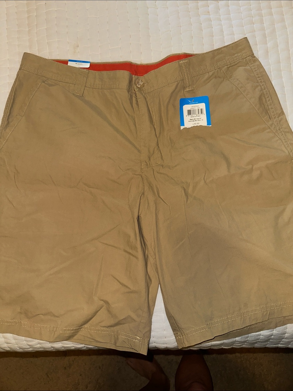 Columbia Men's Khaki Flat-Front Shorts with Red Waistband Lining